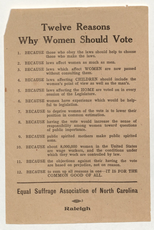 A Circular listing twelve reasons why women should be able to vote.