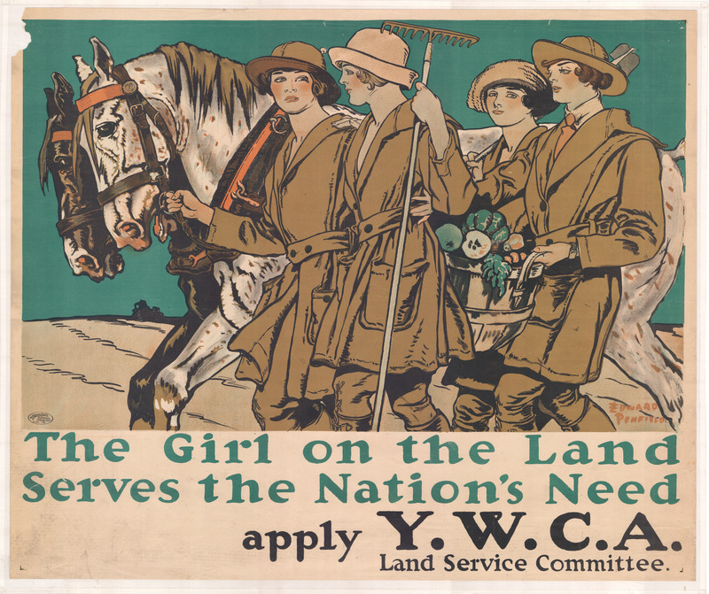 Colored WWI poster shows four uniformed young women leading two horses and carrying farm utensils and vegetables. Text says "Girl on the Land Serves the Nation's Need," and urges young women to apply to the YWCA Land Service Committee.