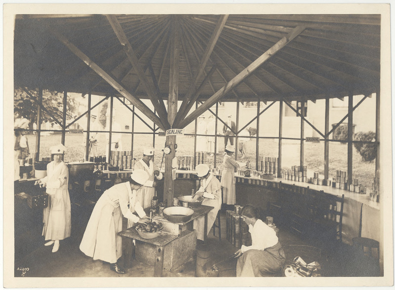 The Asheville Community Cannery was one of the activities of the local National League for Woman's Service during World War I. It was built in the fountain in the rear of the Buncombe County Court House. They produced 10,000 cans of vegetables in the summer of 1917 and an undetermined number in 1918. Miss May F. Jones was local League Chairman and Mrs. Thomas Smith local Chairman of the Food Conservation Committee.