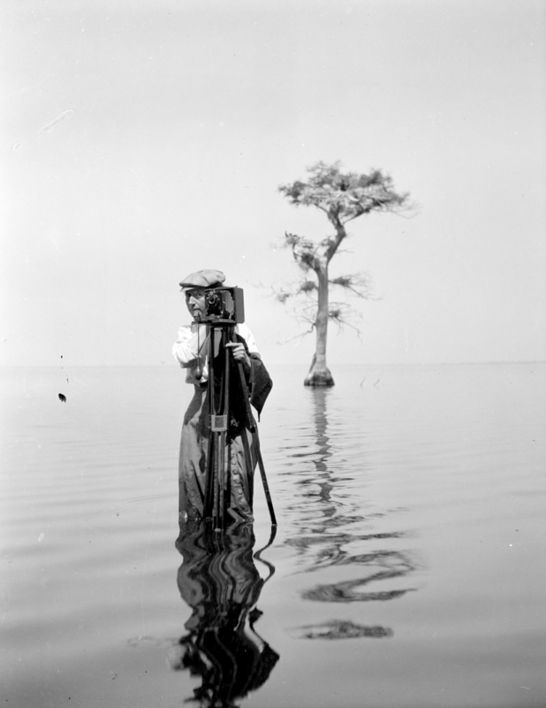 Photographer Bayard Wootten is seen here knee deep in Great Lake located within Croatan National Forest. Wootten was a pioneer in photography and an outspoken suffragette. She was one of the first female aerial photographers when, in 1914, she took photographs from a Wright Brothers Model B airplane. Wootten was adventurous and unflinching in all aspects of her life, especially business. She owned several photography studios and was known to set out on solo trips across the state in her 1920s Ford to photograph North Carolina's people and landscapes. She continued to photograph well into her 70s and operated her photo studio in Chapel Hill until 1954. This photo is part of a collection taken and overseen by Herbert Hutchinson Brimley (1861-1946) for the Department of Agriculture, the North Carolina Geological Survey and the State Museum.