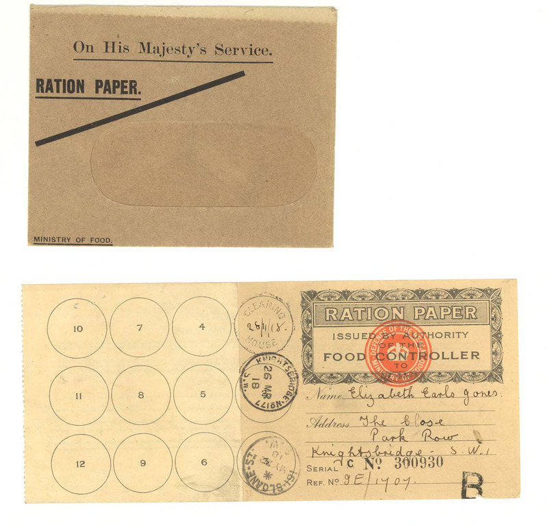 Ration cards for Elizabeth E. Jones of 25 Pembridge Villas, No. 11 and The Close [?], Park Row, Knightsbridge.; Originally from Asheville, N.C., Elizabeth Earl Jones worked as an American Red Cross Nurse in London during the war. Her sister May P. Jones was a Y.M.C.A worker with the 318th Machine Gun Battalion in France.