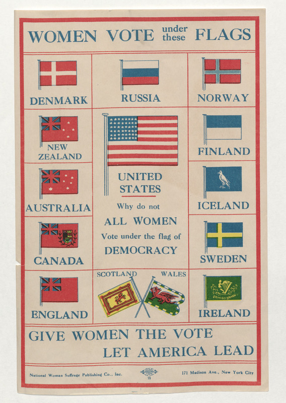 A circular posing the question, â€œUnited States, why do not all women vote under the flag of Democracy?â€