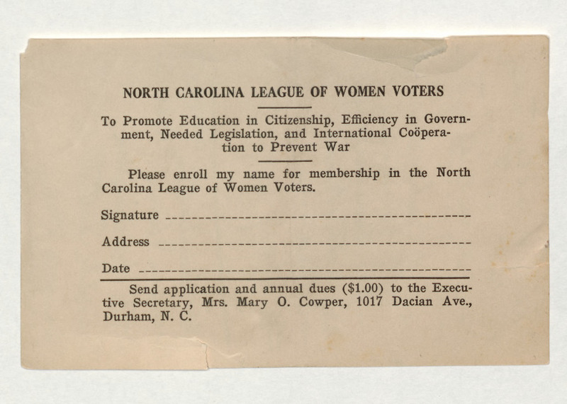 A membership enrolment card for the North Carolina League of Women Voters.